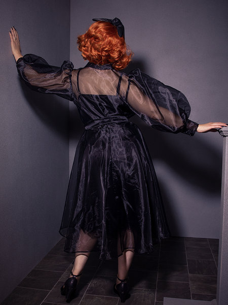The back of the BEETLEJUICE™ Delia Sleeping Robe from gothic glamour clothing brand, La Femme en Noir.