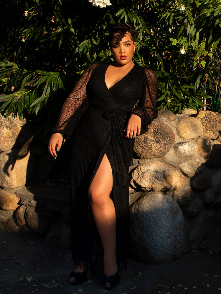 The Black Widow Wrap Gown in Black Lace from gothic vintage clothing company La Femme en Noir.