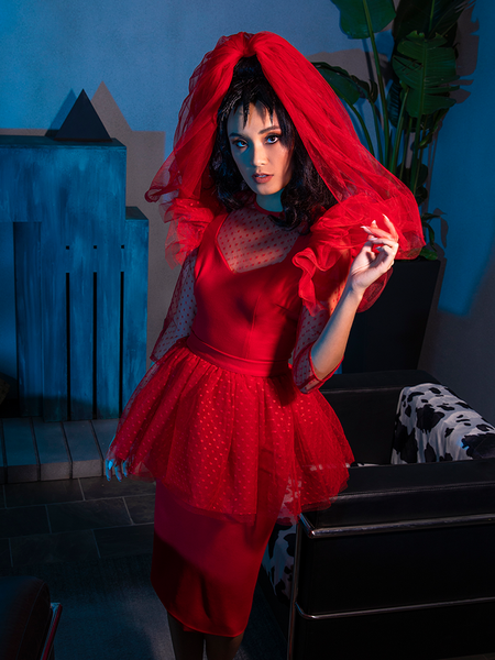 Lydia look-alike model wearing the BEETLEJUICE™ Lydia Dress with matching red veil photographed in a spooky waiting room.