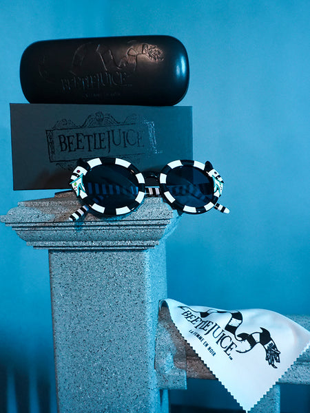 The BEETLEJUICE™ Sandworm Spectacles photographed with leather carrying case, retail box and cleaning towel.