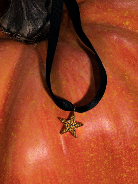 A closeup of the Sleepy Hollow™ Katrina Star Pendant Necklace on a pumpkin.