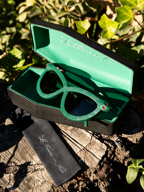 Shot of the Serpent Sunglasses in Emerald Green sitting in their coffin carrying case.