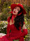 Micheline Pitt wearing a gothic style outfit including the Southern Gothic Bustier Top in Crimson.