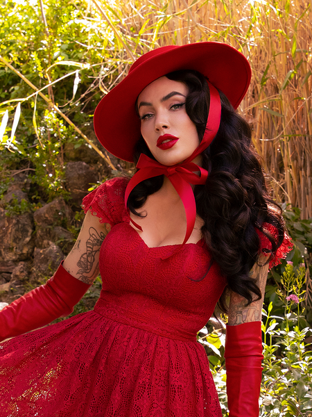 Micheline Pitt modeling the Southern Gothic Bustier Top in Crimson.
