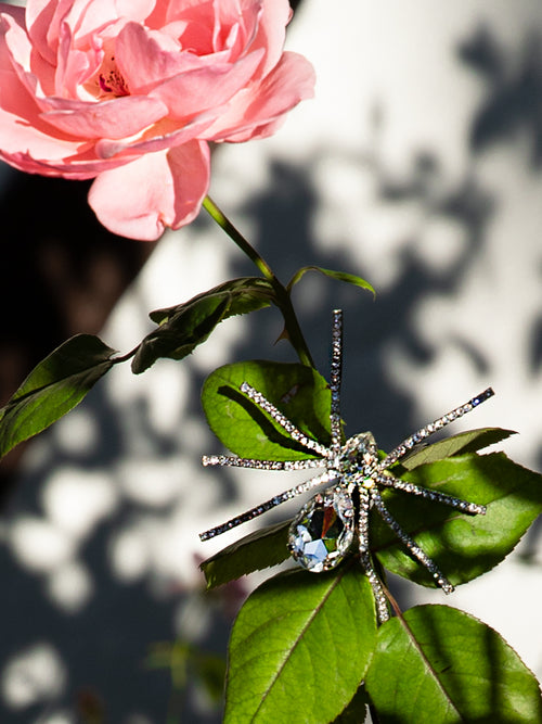 Black widow rhinestone spider brooch sitting on the leaves of a pink rose.