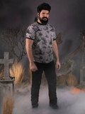 A full length photo of R.H. Norman standing in a foggy cemetary while wearing the Sleepy Hollow™ Toile Ringer Tee from La Femme En Noir.