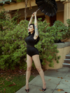 Micheline Pitt reenacting the famous Vampira photo while in the Glamour Ghoul Swimsuit.