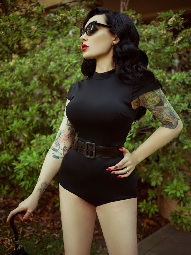 Close up shot of Micheline Pitt in the Glamour Ghoul Swimsuit.