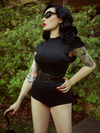 Close up shot of Micheline Pitt in the Glamour Ghoul Swimsuit.