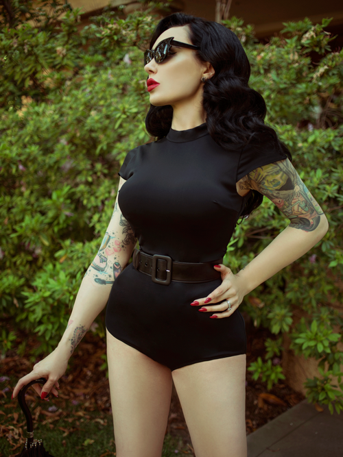 Close up shot of Micheline Pitt in the Glamour Ghoul Swimsuit.