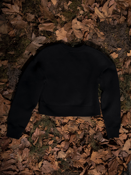 The Sleepy Hollow™ Van Garrett Wax Seal Cropped Sweatshirt laid out over a bed of dead leaves.
