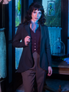 Stephanie pulling out the lapel of Tim Burton's CORPSE BRIDE™ Victor Peplum Blazer in Spruce Green that completes the gothic retro clothing outfit she's wearing.