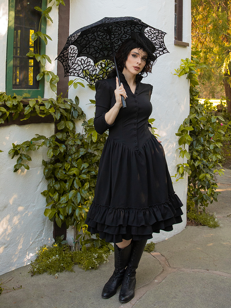 The Victorian Dress in Black from goth style clothing brand La Femme en Noir.