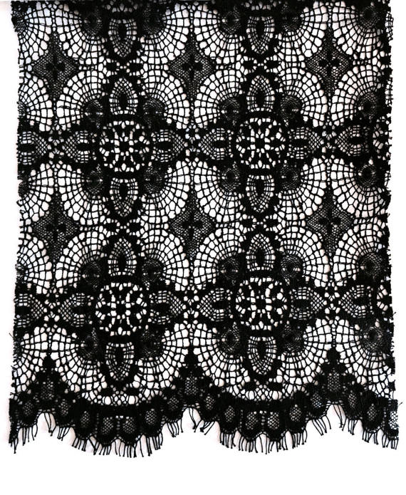 A product photo of the lace used in the Southern Gothic bustier top in black.