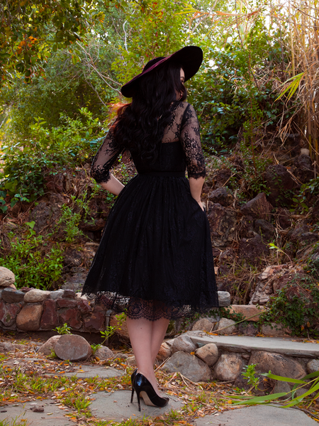 Back of the goth Mourning Dress in Black lace worn by Rachel Sedory.