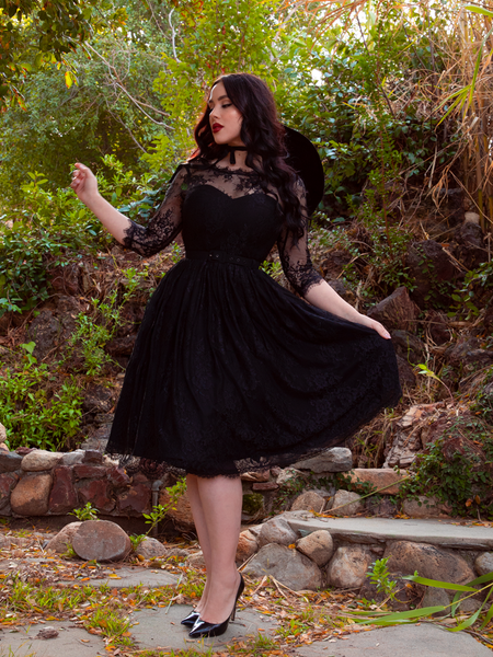 Black lace top mid length dress
